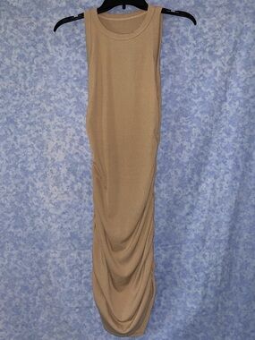 Sleeveless Ruched Midi Dress in Beige